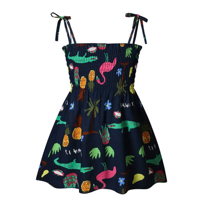 Plush girls' sundress - smocked bodice, daisy print, polyester, for casual summer outings