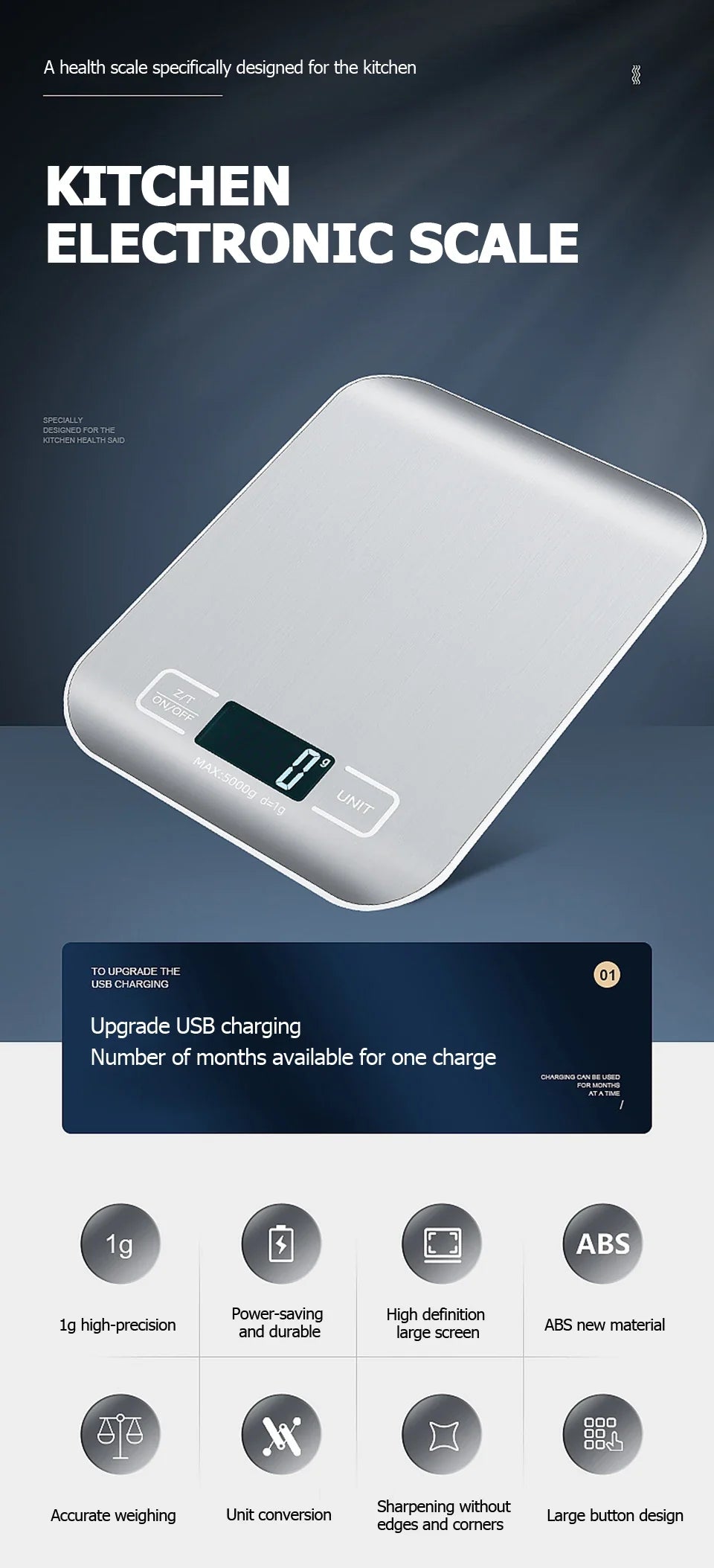Kitchen Digital Scale Stainless Steel LCD Baking Scale