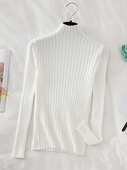 Flattering Stretchy Women Ribbed Sweater - Mock Neck, Knit