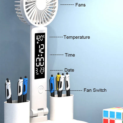Battery-Powered Desk Lamp LED With Fan And Clock Display Study Light Back To School 2025 Travel-Friendly Flexible Brightness