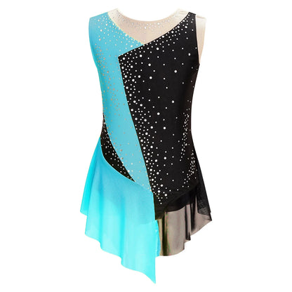 girls' Stretchy leotard - rhinestone mesh yoke, sleeveless, polyester, nylon, elastane, for lyrical dance performance