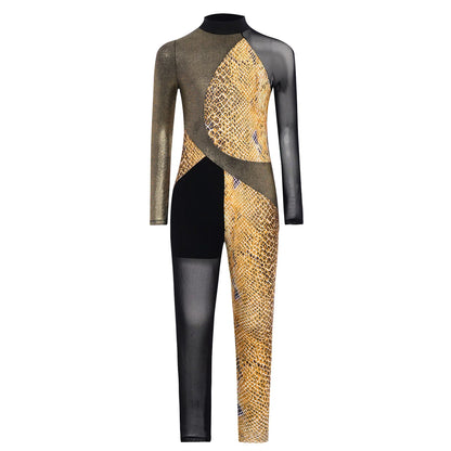 Long Sleeve, Snakeskin, Polyester, Nylon, Elastane, For Ballet, Rhythmic Gymnastics – Stretchy Girls Unitard