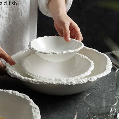 White Porcelain Rock Edge Soup Bowl Contemporary Tableware
