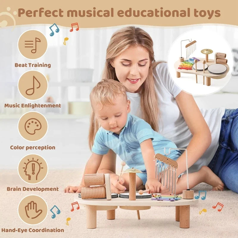 Educational Baby Toys Wooden Xylophone Bells - Montessori Music Table for Newborn Birthday Gifts
