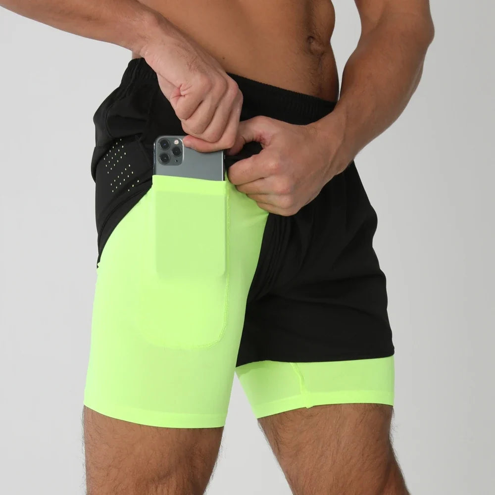 Fast-dry men's 2-in-1 running shorts - lightweight lined, polyester, for gym and summer training