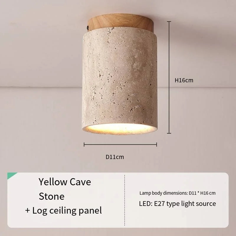 Travertine Japandi Ceiling Light Wood Cap Round Mid Century Lamp