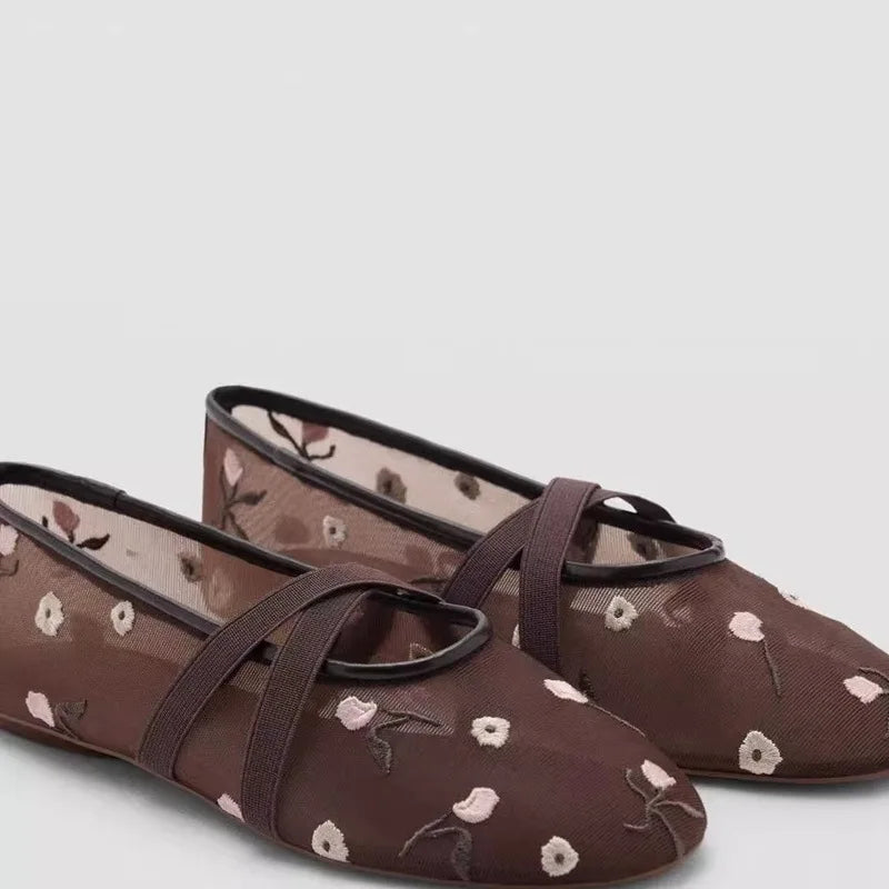 Light Women Ballet Flats - Mary Jane, Embroidered Mesh