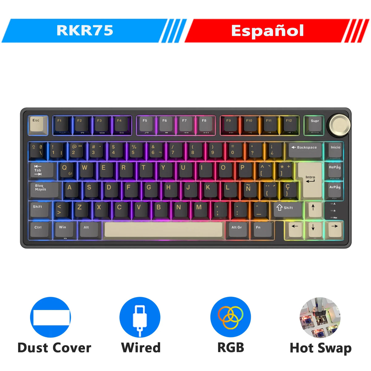 Keyboard Mechanical R75 Gasket 80Key RGB Hot Swap Spanish