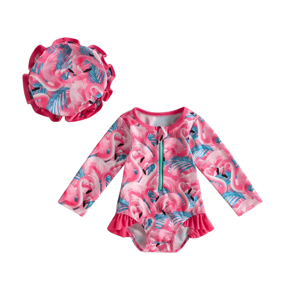 long-sleeve zipper, flamingo floral print, polyester, for summer – Light infant girl’s swimwear jumpsuit