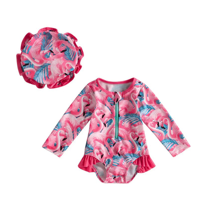 long-sleeve zipper, flamingo floral print, polyester, for summer – Light infant girl’s swimwear jumpsuit