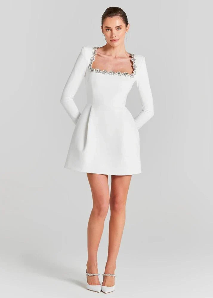 Square Neck With Floral Rhinestones, Velvet, For Holiday Parties – Fitted and Flattering Women's A-Line Dress