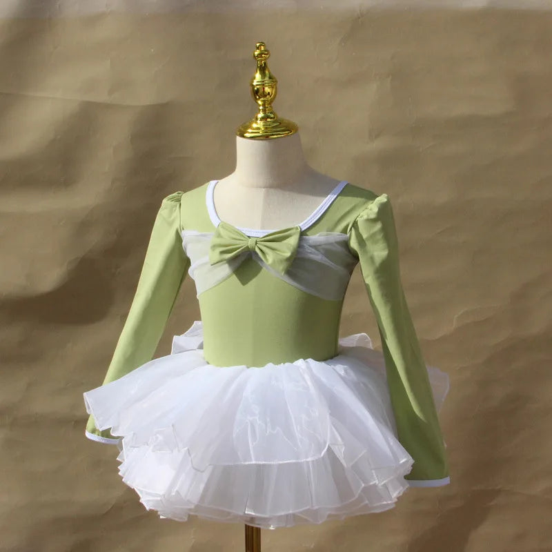 Light girls ballet leotard set - puff-sleeve top, tulle tutu skirt, polyester, for dance class