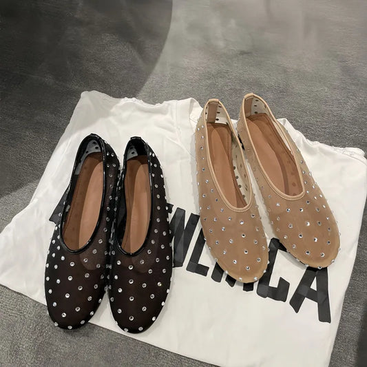 Women Breathable Ballet Flats - Mesh Crystal, Casual Walking