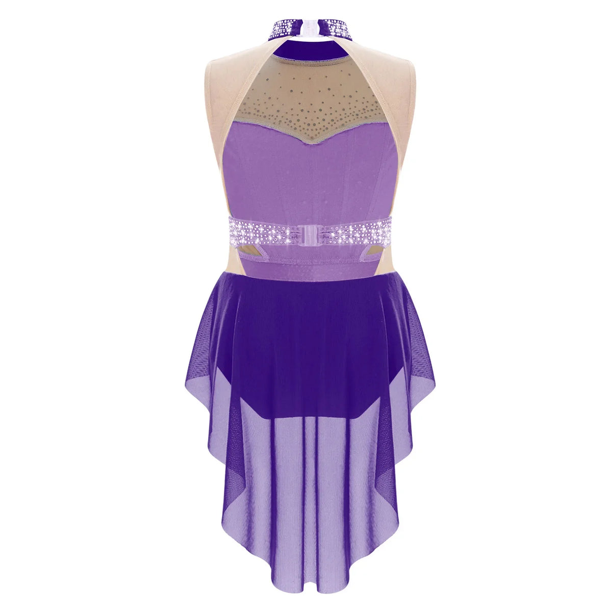 girls' Stretchy leotard - rhinestone mesh yoke, sleeveless, polyester, nylon, elastane, for lyrical dance performance
