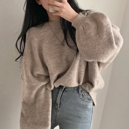 Cozy Oversized Women's Pullover - O Neck, Knit, Office Wear