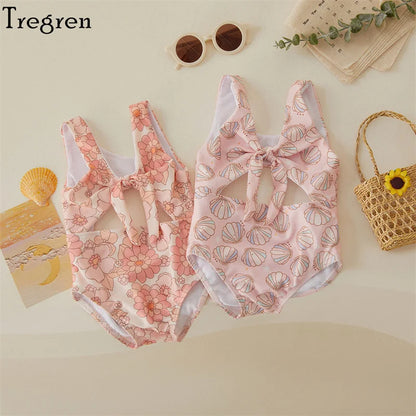Plush Toddler Girls' One-Piece Swimsuit - Floral Print Bow-Tie Detail, Polyester, For Summer