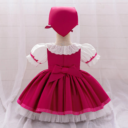 Plush, flattering baby girl's maid dress - knee-length, lace-trimmed pinafore-style, polyester, viscose, birthday party