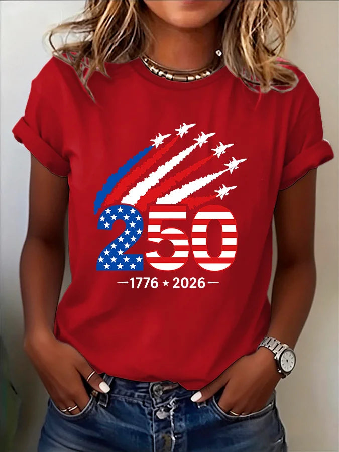 Plush Women's Jet-Print T-Shirt - Short Sleeve, Cotton, 250th Anniversary USA 1776-2026, Casual Wear