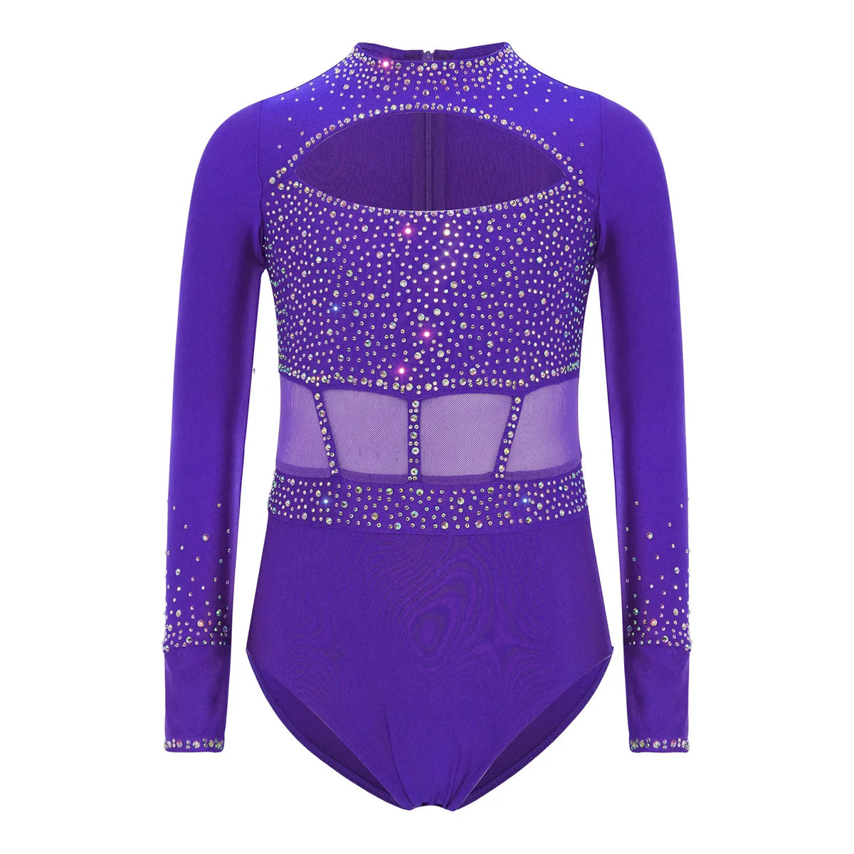 Girls' Stretchy Leotard - flattering, rhinestone-detailed, long-sleeve, mesh-panel, polyester elastane, for gymnastics