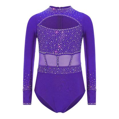 Girls' Stretchy Leotard - flattering, rhinestone-detailed, long-sleeve, mesh-panel, polyester elastane, for gymnastics