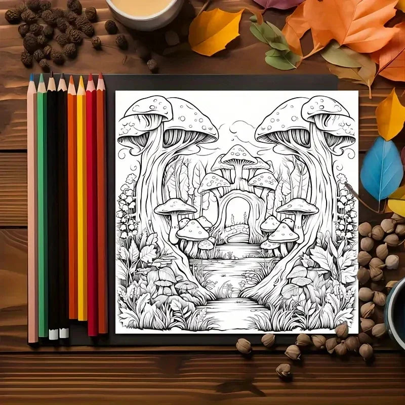 Book Coloring 22 Page Psychedelic Forest Stress Relief Activity Gift Fall 2025 Trend