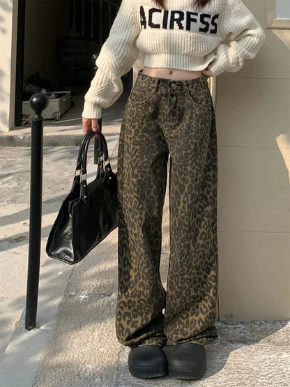High-Waisted Leopard Print Wide Leg Jeans for Women, Trendy Fit in S-XXL Sizes-5