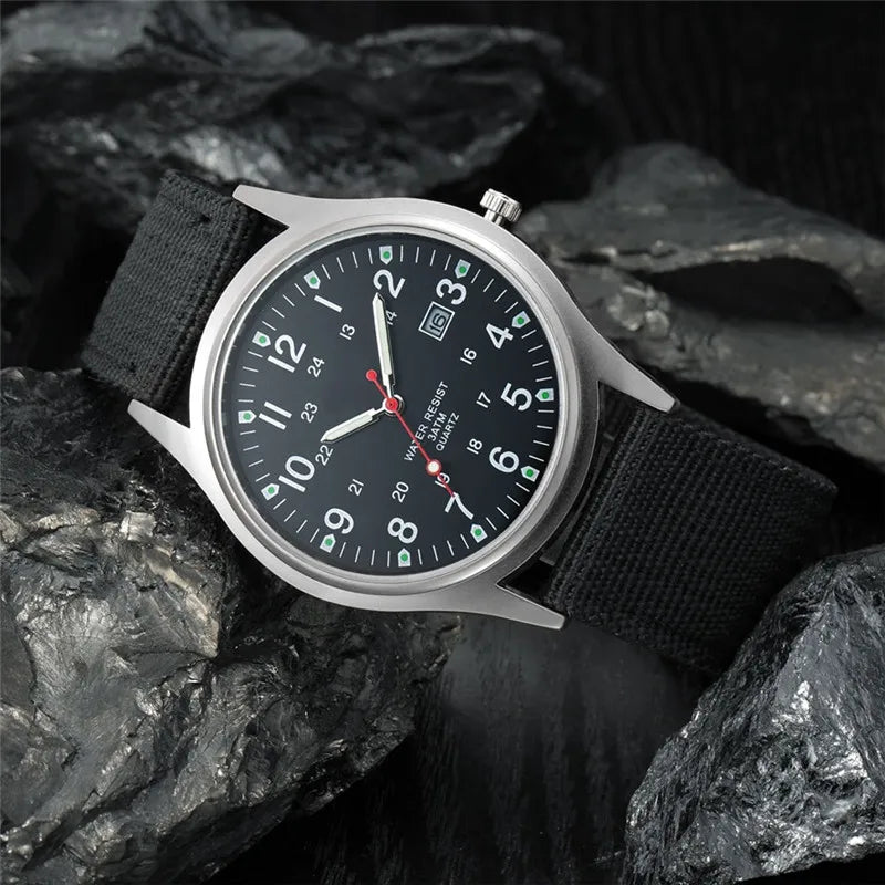 Field Quartz Watch Nylon Strap Military Style Date Luminous