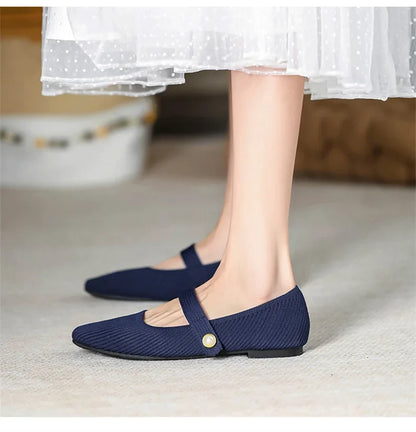 Women Stretchy Mary Jane Flats - Ribbed Knit For Spring