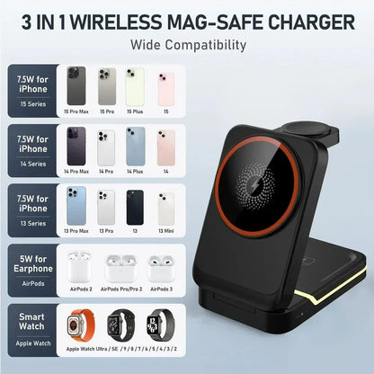 iPhone 12-16, Apple Watch, AirPods, USB-C, 15W 2026 – Foldable magnetic wireless charger