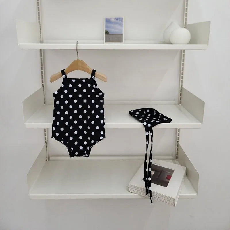 Light baby girls' one-piece swimsuit - polka-dot suspender style with hat, nylon, cozy for summer beach wear
