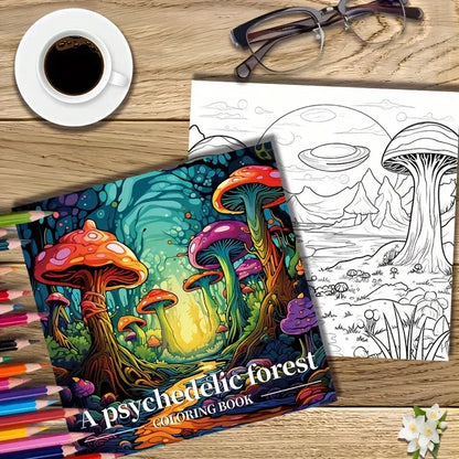 Book Coloring 22 Page Psychedelic Forest Stress Relief Activity Gift Fall 2025 Trend