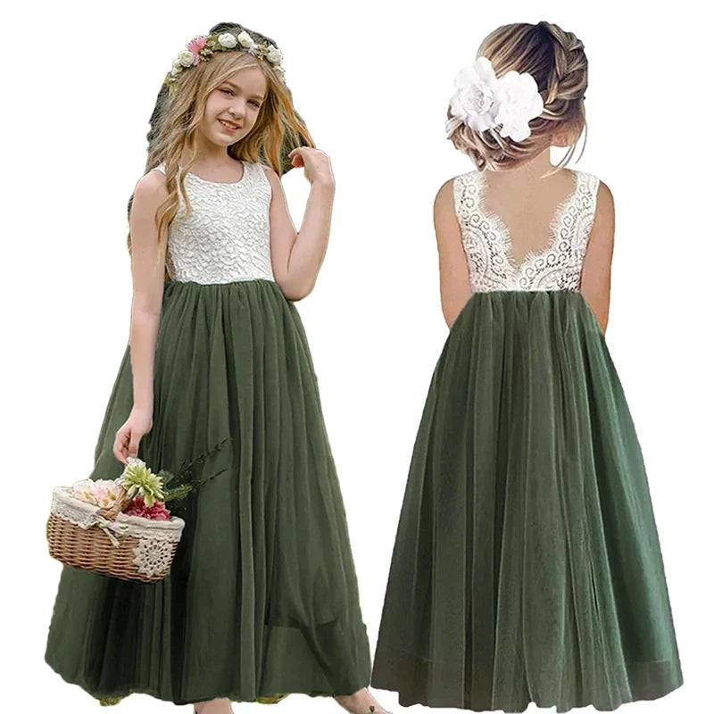 Light Girls’ Flower Girl Dress - Lace Bodice, Flowing Tulle Skirt, Polyester, For Wedding