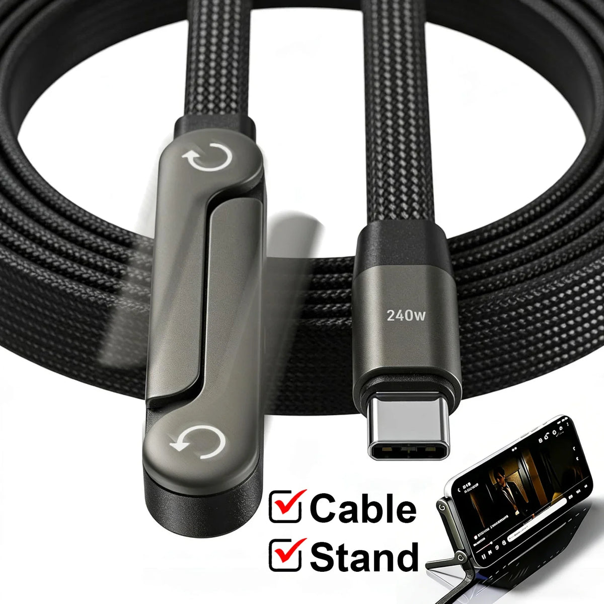 Fast USB-C Charging Cable - Elbow Design, 240W, Type-C To Type-C, Foldable Phone Stand, Back To School 2026 Gift