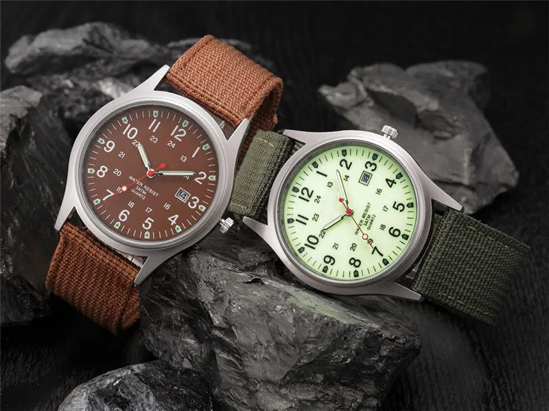 Field Quartz Watch Nylon Strap Military Style Date Luminous