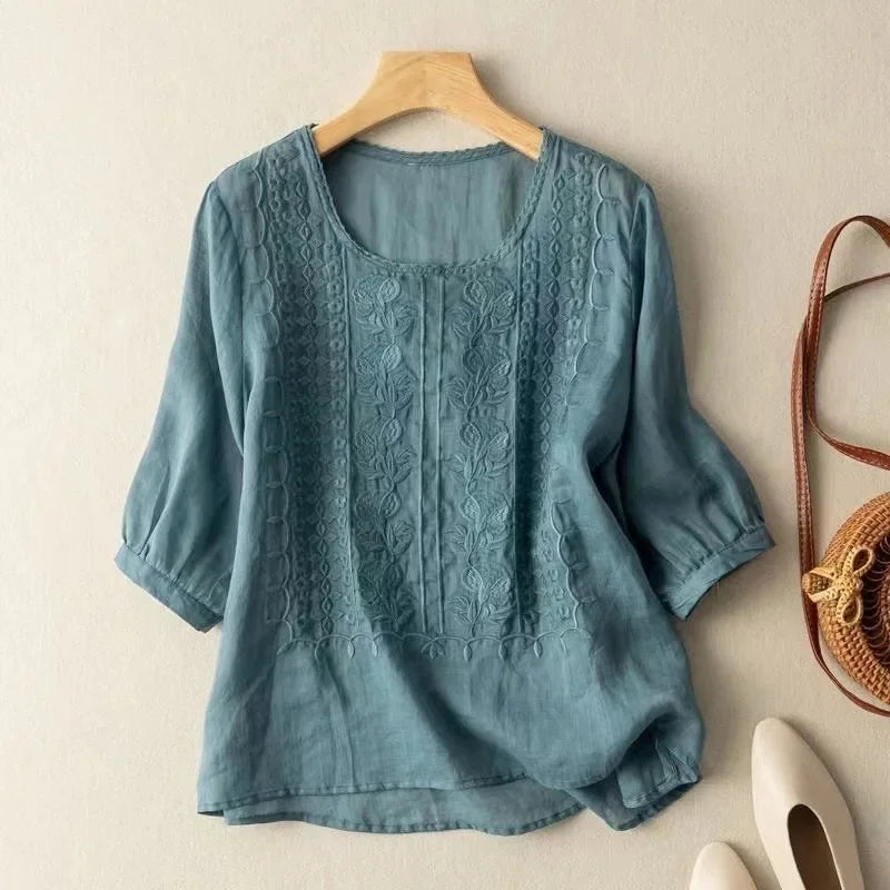 Elegant Embroidered Women's Blouse, Long Sleeve Plus Size Tops with Flattering Fit and Versatile Style-2