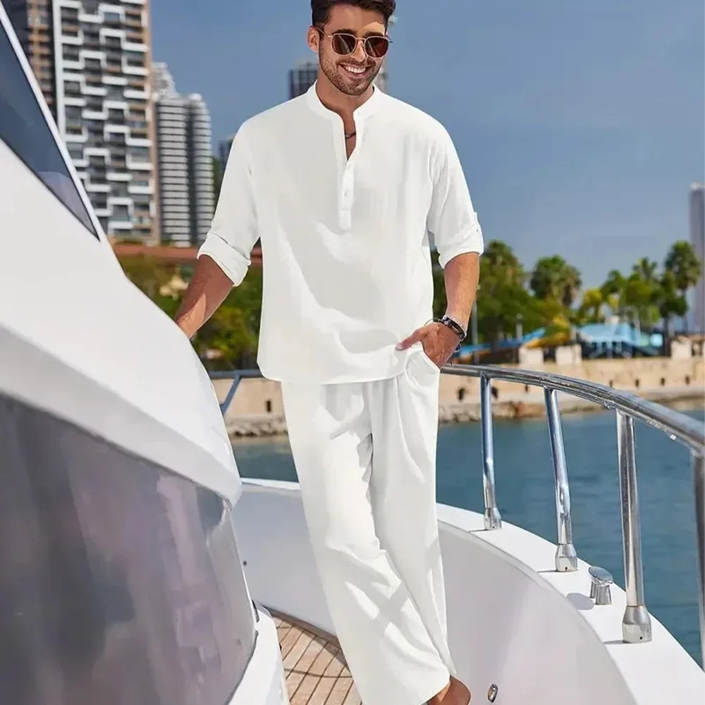 Men's Cotton Linen Shirt Two-Piece Kit Casual Henley Long Sleeve Vacation Beach Wear