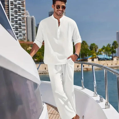 Men's Cotton Linen Shirt Two-Piece Kit Casual Henley Long Sleeve Vacation Beach Wear