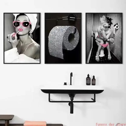 Bathroom Bar Decor Hepburn Canvas Art - Girl Drinking Smoking Wall Picture Bling Design