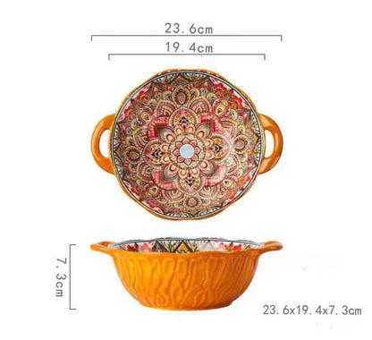 Soup Ceramic Bowl Bohemian Handle Embossed Microwave