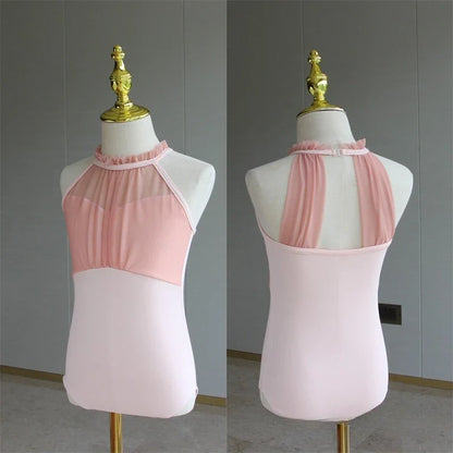 Light girls ballet leotard set - puff-sleeve top, tulle tutu skirt, polyester, for dance class