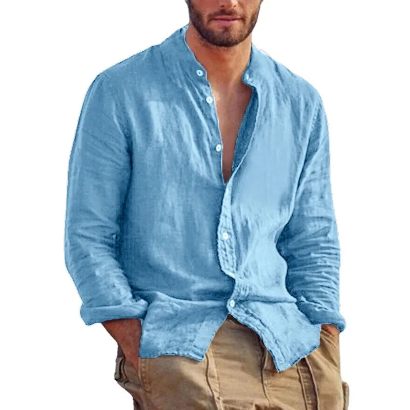 Men's Linen Shirt with Mandarin Collar, Lightweight Breathable Casual Summer Shirt in Tailored Fit-2