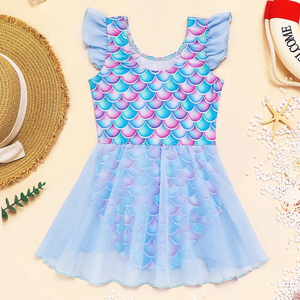 Mermaid-Scale Print, Ruffle Sleeves, Tulle, Polyester Elastane, Beach – Fast-Dry Sturdy Girls' One-Piece Swimsuit
