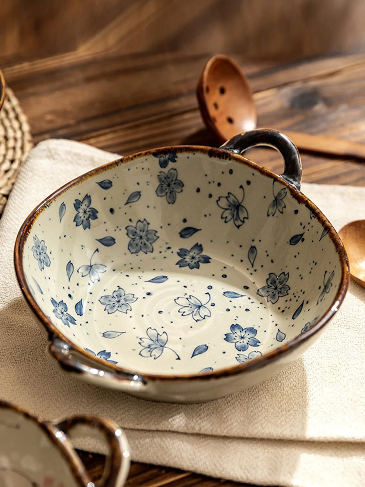 7.5 Ceramic Inch Noodle Bowl With Handles Floral Porcelain
