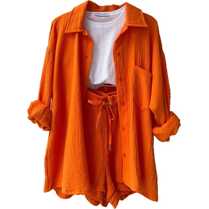 Women Two-Piece Kit Orange Wrinkled Lapel Shirt & High-Waisted Shorts Fashion Suit