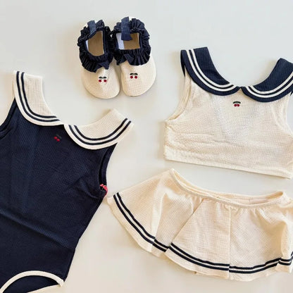 Plush Unisex Baby Swimwear Kit - Timeless Sailor-Style One-Piece, Top, Skirt, and Romper, Nylon, Summer Beach Days