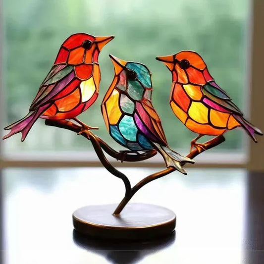 Acrylic Stained Birds Statue Ornaments for Desktop Decoration, Colorful Craft Decor