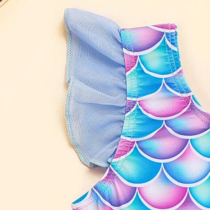 Mermaid-Scale Print, Ruffle Sleeves, Tulle, Polyester Elastane, Beach – Fast-Dry Sturdy Girls' One-Piece Swimsuit