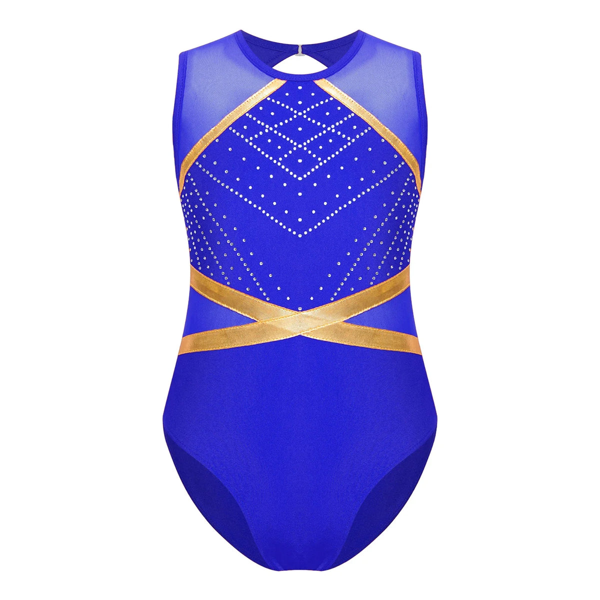 Girls' Stretchy Leotard - flattering, rhinestone-detailed, long-sleeve, mesh-panel, polyester elastane, for gymnastics