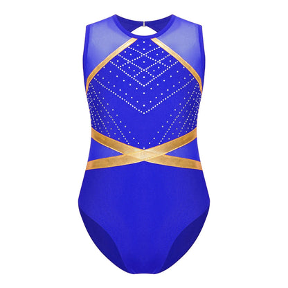Girls' Stretchy Leotard - flattering, rhinestone-detailed, long-sleeve, mesh-panel, polyester elastane, for gymnastics