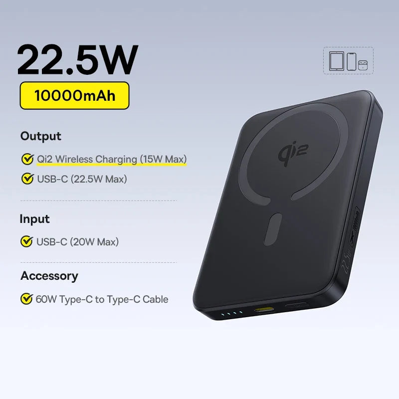 15W Cordless & 22.5W USB-C Charging for iPhone & Samsung 2026 – Qi2 Magnetic Power Bank 10000mAh